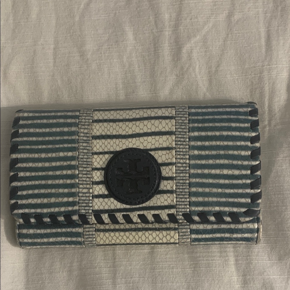 Tory Burch Blue White Striped Leather Wallet